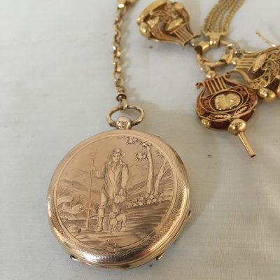 14 Krt. gouden heren zakhorloge "Pateck & Co. - Genève" met 14 krt. gouden chatelaine