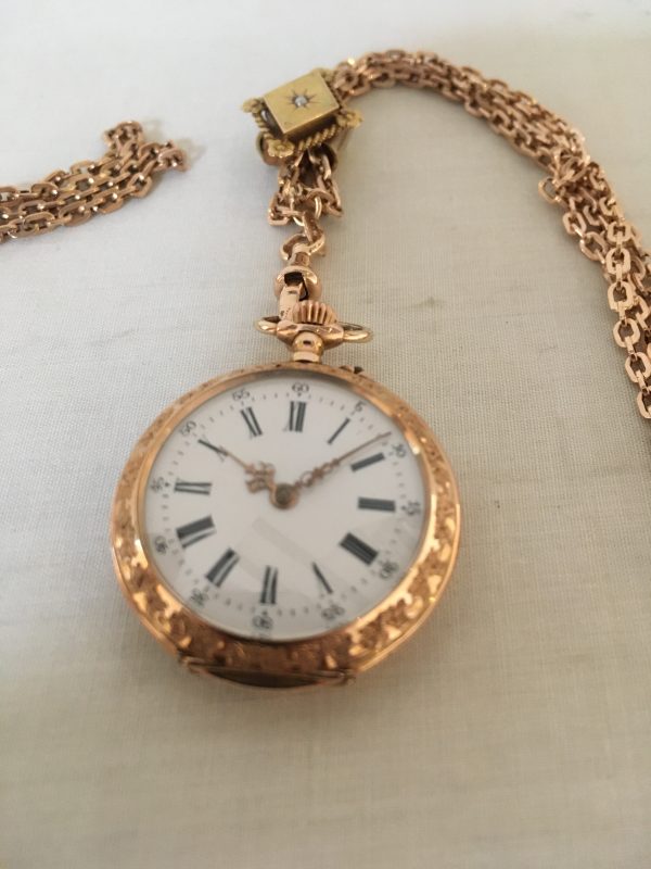 Gouden Dames remontoir met geëmailleerde achterzijde en collier - Afbeelding 2