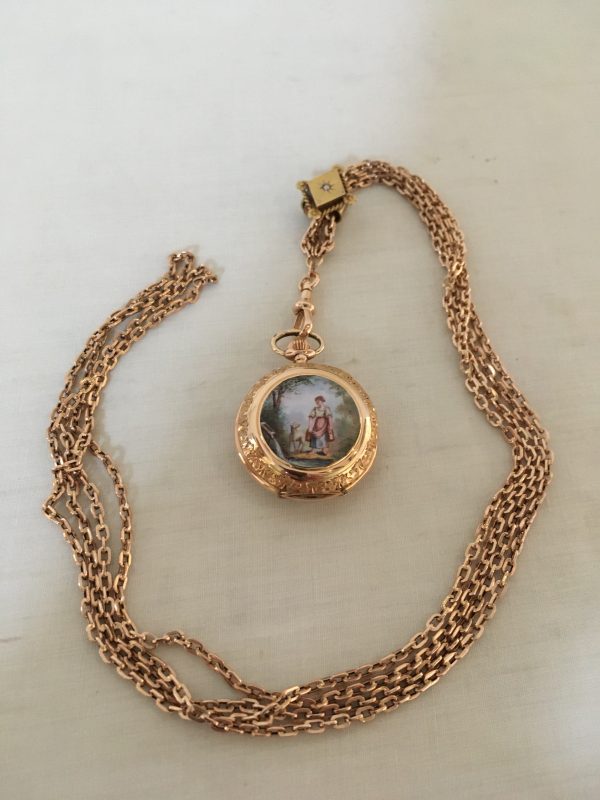 Gouden Dames remontoir met geëmailleerde achterzijde en collier - Afbeelding 4