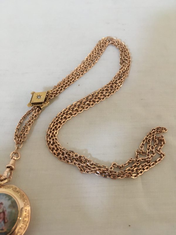 Gouden Dames remontoir met geëmailleerde achterzijde en collier - Afbeelding 7