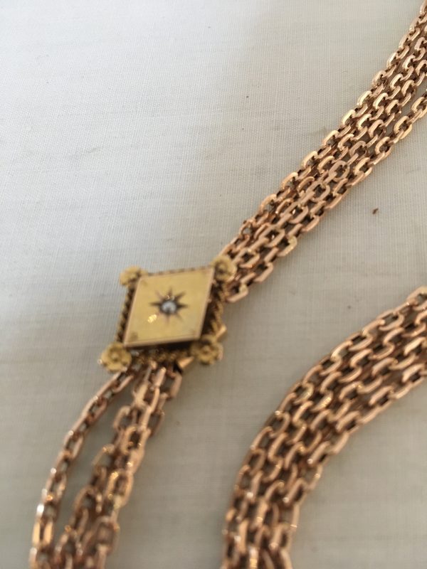 Gouden Dames remontoir met geëmailleerde achterzijde en collier - Afbeelding 6