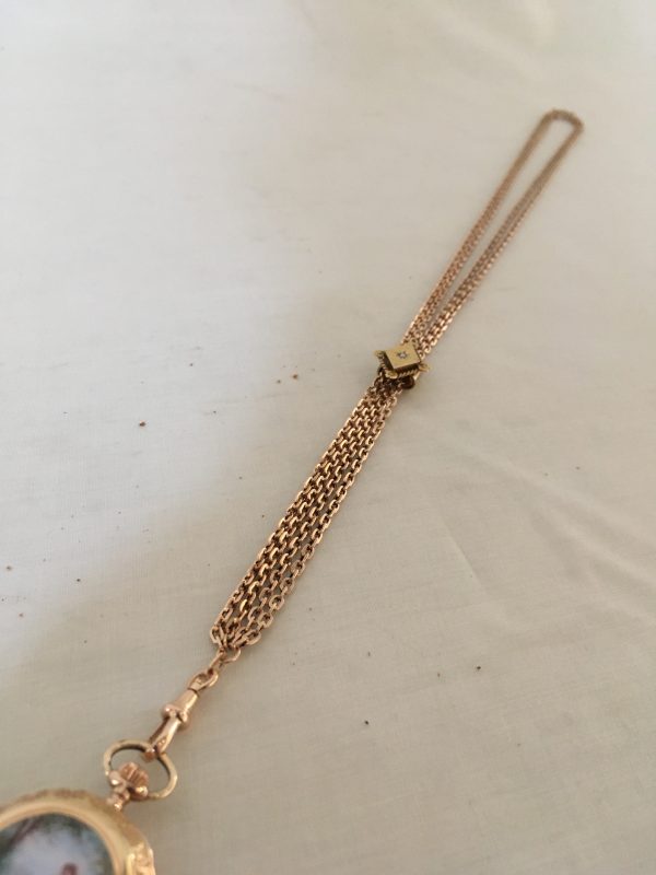 Gouden Dames remontoir met geëmailleerde achterzijde en collier - Afbeelding 8