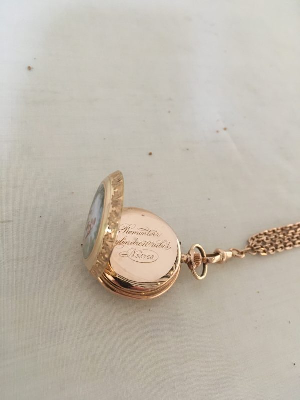 Gouden Dames remontoir met geëmailleerde achterzijde en collier - Afbeelding 9